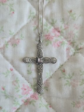 Silver Filigree Cross Pendant Necklace with Pale Pink Stone